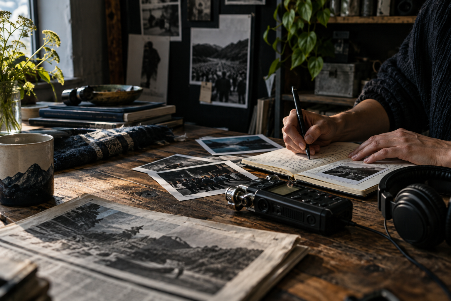 A creator writing beside photographs, an audio recorder, and headphones